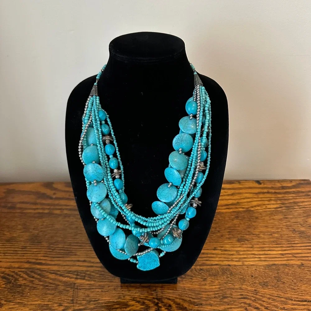 Chicos Multi Strand Turquoise Bead Statement Necklace Silver Tone Southwestern
